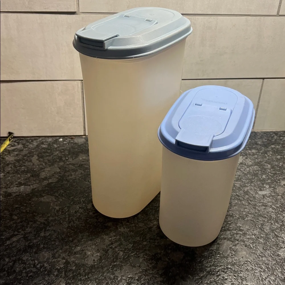 Set of Two Slim Line Plastic Storage pitchers with Blue Flip Lids by Tupperware
